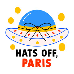 Naklejka premium Bow hat with hats off paris typography, flat sticker 