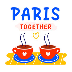 Two teacups with paris together text, flat sticker 

