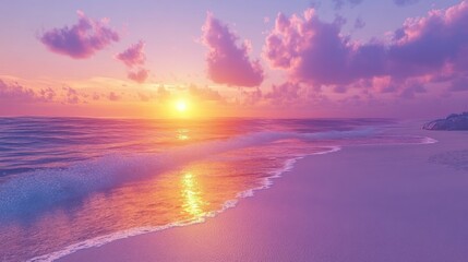 Fototapeta premium Sunset over calm ocean waves on a serene beach with vibrant colors and soft clouds. Generative AI