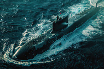 Fototapeta premium Beautiful large submarine floating in middle of deep ocean during mission, abstract vivid composition consists of fictional unreal fantastic vision on background