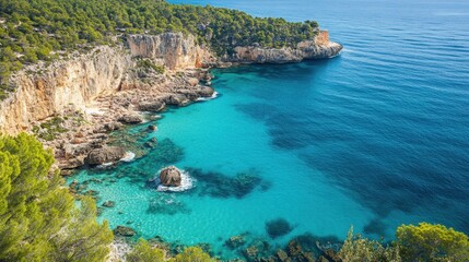 Fototapeta premium Serene Coastal View of Vibrant Waters and Rocky Shoreline Landscape