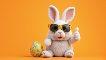 Easter bunny wearing sunglasses showing thumbs up with decorated egg