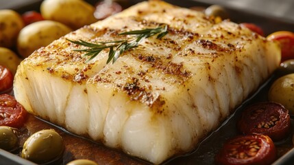 Delicious cod fillet roasted with herbs and served with baby potatoes and cherry tomatoes. Generative AI