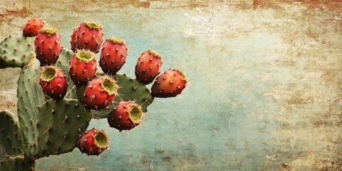 Naklejka premium Textured old paper background featuring vibrant opuntia cactus fruit, highlighting the unique and colorful characteristics of opuntia cactus fruit against a vintage backdrop.