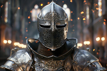 Fototapeta premium Fantastic beautiful royal knight in iron armor guards castle chambers, abstract vivid composition consists of fictional unreal fantastic vision on background