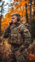 Obraz premium Focused Soldier in Camouflage, Urgent Communication in Autumn Forest, Military Operation