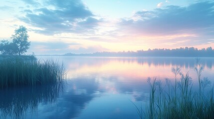 Fototapeta premium Serene sunset over calm lake with reflections and lush greenery in the early evening mist. Generative AI