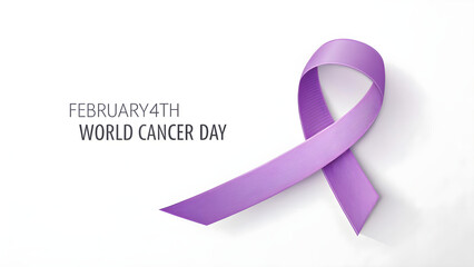 Purple awareness ribbon, World Cancer Day logo, February 4th, Minimalist design, White background, Lavender gradient, Curved ribbon shape, Cancer awareness symbol, Simple typography, Health campaign 