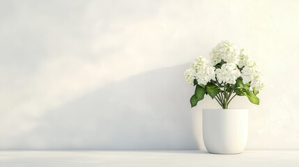 Fototapeta premium White Hydrangea Flower Arrangement in Minimalist Pot