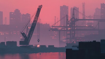 Pink sunset over industrial port city with cranes and hazy atmosphere.