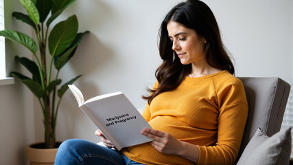 Pregnant woman reading a book titled "Marijuana and Pregnancy", concept of health education and informed decisions