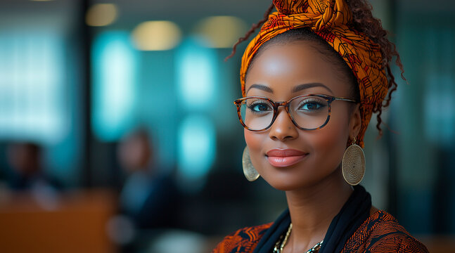 African heritage, aged 32, confidently leading a team meeting in a modern office space