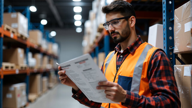 Warehouse worker reading instructions while inspecting inventory, concept of workplace safety and efficiency for industrial environments
