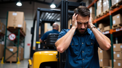 Warehouse worker covering ears due to forklift noise, concept of workplace stress and safety for industrial environments