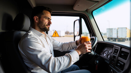 Truck driver drinking orange juice in his vehicle, concept of healthy habits and focus for transportation workers