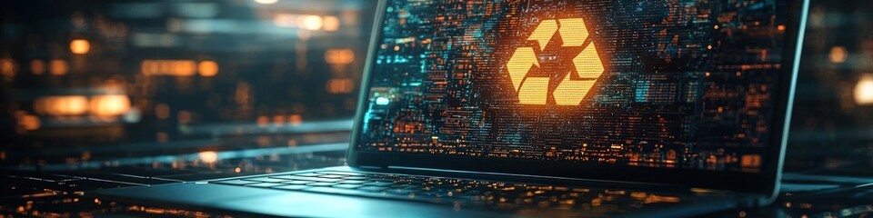 Digital environmental icon glowing on a modern laptop screen.