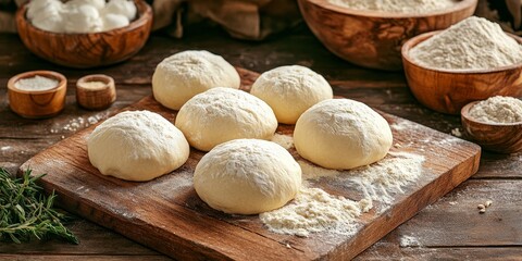 Fototapeta premium Pastry and wheat flour arranged on a cutting board, showcasing fresh yeast dough for homemade buns. A culinary background featuring pastry and wheat flour for baking enthusiasts.