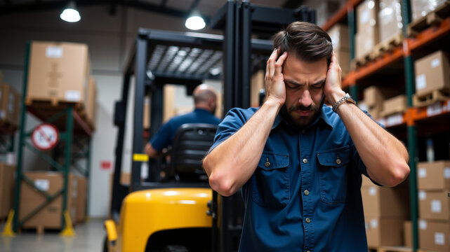 Warehouse worker covering ears due to forklift noise, concept of workplace stress and safety for industrial environments - Powered by Adobe