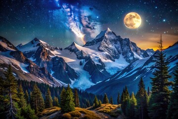 Majestic Night Mountainscape: Starry Sky, Peak Shadows, Lunar Glow, Dark Wilderness, Night Photography