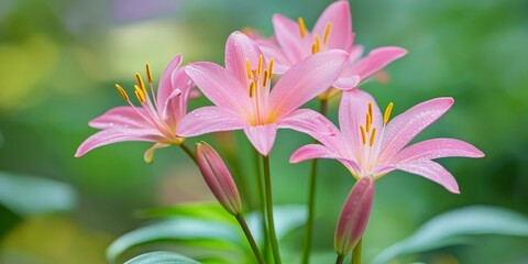 Fototapeta premium Stunning close up of beautiful pink rain lily showcasing delicate petals against a backdrop of blurred green leaves, highlighting the charm of the beautiful pink rain lily in nature.