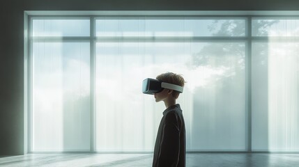 Boy experiencing virtual reality in a bright and modern room during the daytime. Generative AI