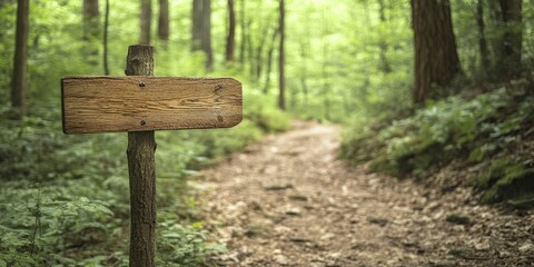 A wooden sign located along a path in the forest. This sign marks a trail in the woods, guiding those exploring the natural area.