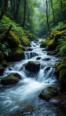 Obraz premium Lush green forest stream with mossy rocks and cascading waterfalls in a serene setting