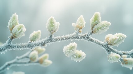 Fototapeta premium Frost-covered magnolia buds display stunning beauty in a winter landscape. Generative AI