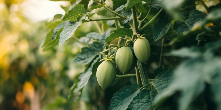Papaya growing on the tree illustrates the growth journey from small white fruit to ripe green fruit, showcasing the fascinating stages of papaya development throughout the growing process.