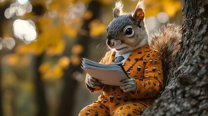 Fototapeta premium Cheeky Squirrel in Business Attire Perched on Tree Branch Holding Documents