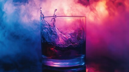 Colorful cocktail splash in glass with smoke background.