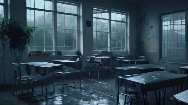 A classroom rainstorm, streaks water trickling down window panes, soft gray lighting, umbrellas leaning door, 2D Flat Cartoon Anime-style, Japanese 4k lofi hip-hop bites music animation video