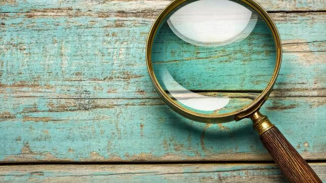 Magnifying glass resting on a rustic wooden surface highlighting its details and texture