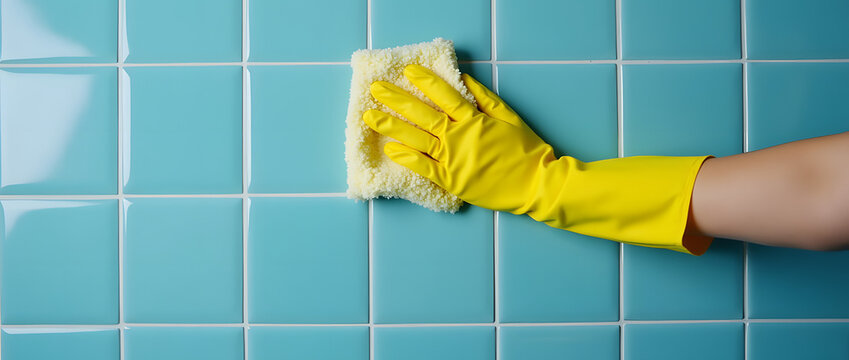 Hand wearing a yellow glove cleans a blue tile surface. A houseworker wipes the area with protective rubber gloves. Concept of professional cleaning service. Illustration suitable for a card, banner, 