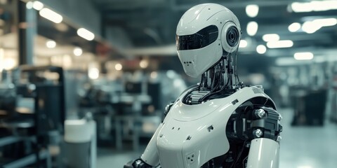 A robotic machine functioning within a manufacturing facility. Industrial robotics at work in the factory environment, performing automated tasks efficiently.