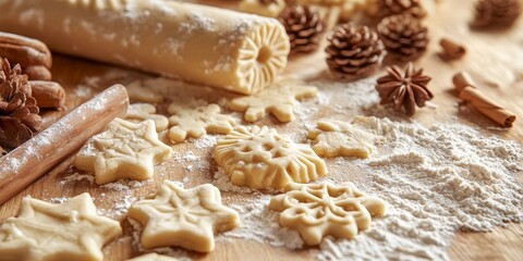Cookie mold with rolled dough and flour spread on the table, showcasing the art of baking. The cookie mold highlights the intricate designs and details of the dough preparation for delicious cookies.