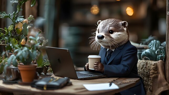 Charming Otter in Navy Suit Balances Laptop and Latte in Themed Conference Room