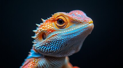 Obraz premium A vivid depiction of a bearded dragon lizard highlighting its intricate scales and intense stare against a shadowy backdrop.