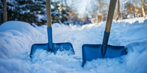 Shovels in the snow during winter time create a scene of seasonal activity. These shovels highlight the wintertime efforts needed to clear snow effectively and emphasize winter s challenges.