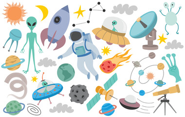 Cute outer space design elements set  isolated on white background.