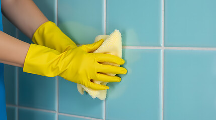 Hand wearing a yellow glove cleans a blue tile surface. A houseworker wipes the area with protective rubber gloves. Concept of professional cleaning service. Illustration suitable for a card, banner, 