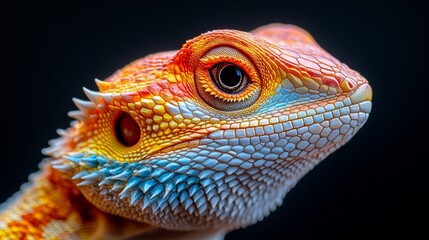 Fototapeta premium An elaborate illustration of a bearded dragon lizard, emphasizing its rough scales and sharp gaze, contrasted with a dark setting.