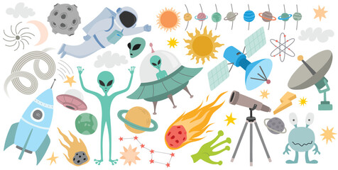 Cute, Astronaut, Ufo, Rocket, Alien, Planet, Outer space, Satellite, Cosmos, Galaxy, Telescope and other design elements  isolated on white background.