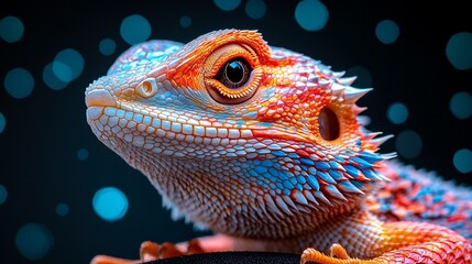 Obraz premium A comprehensive image of a bearded dragon lizard, showcasing its detailed scales and fierce expression, set against a dimly lit background.