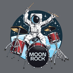 Astronaut playing drums in the outer space. Astro rock percussion concert or party comic style hand drawn vector illustration