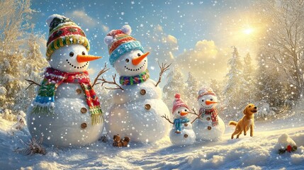 Fototapeta premium cheerful snowman family stands together under a bright winter sun, surrounded by sparkling snow.