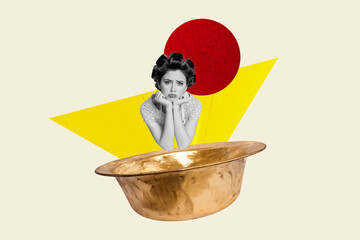 Creative art trend banner collage of sad housemaid girl sit kitchen bowl cleaning kitchenware cooking household pinup chores