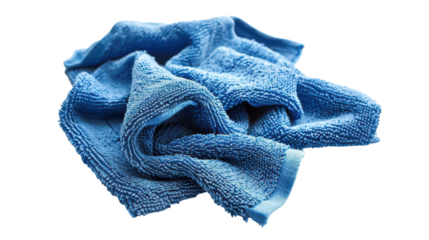A crumpled blue microfiber cloth resting on a plain white surface, ideal for cleaning tasks at home or in a professional setting on transparent background