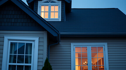 A two-story house's exterior at night is shown.  The siding is light beige, and the roof is dark gray.  Illuminated windows on the upper and lower floors are visible.