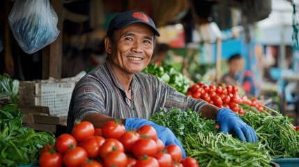 A cheerful worker in gloves and a cap arranges vibrant tomatoes and greens at a market stall, showcasing fresh produce in a lively setting.